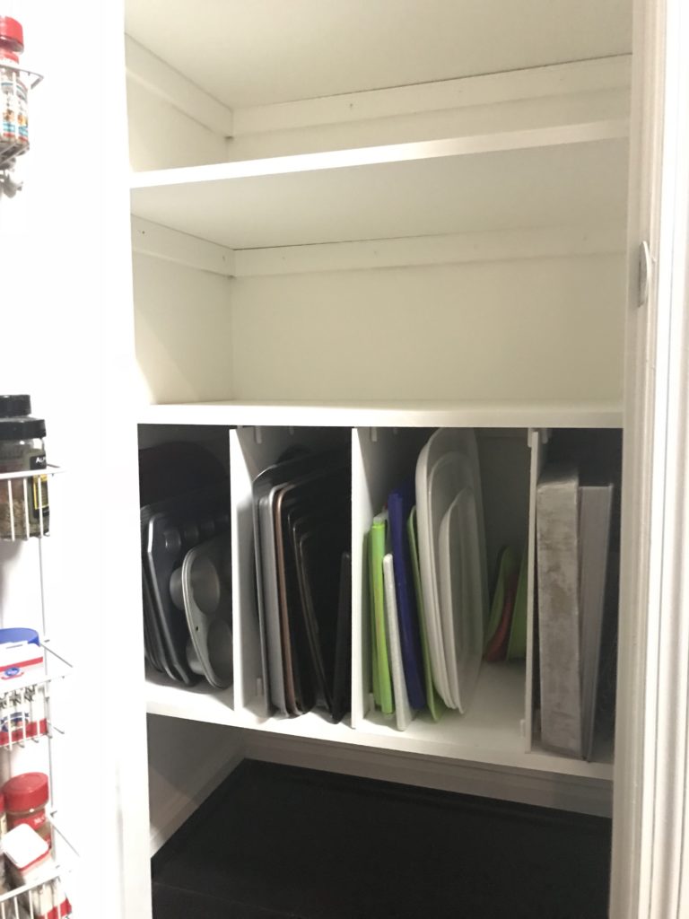 Get rid of the wimpy wire shelving and organize your pantry the way you want with DIY shelving. Organizing your pantry with customized shelving is a cheap and easy DIY project. DIY Pantry Shelves, DIY Pantry Storage Ideas, MDF Shelves, Pantry Closet, Cookie Sheet Storage, Storage Ideas, Pantry storage, small pantry storage