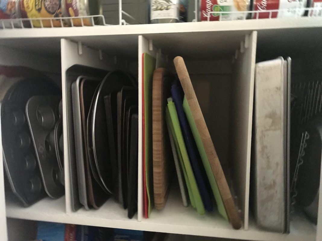 Small Pantry Closet storage and organization with DIY Shelves and Cookie Sheet Storage