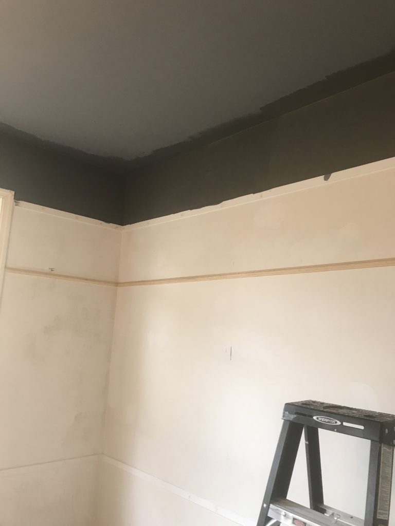 DIY Bedroom Makeover painting a ceiling with Benjamin Moore Kendall Charcoal. Dark Gray Ceiling Ideas