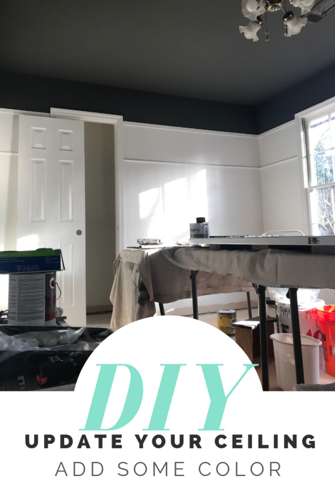 DIY Bedroom Makeover painting a ceiling with Benjamin Moore Kendall Charcoal. Dark Gray Ceiling Ideas and Dark Ceilings.