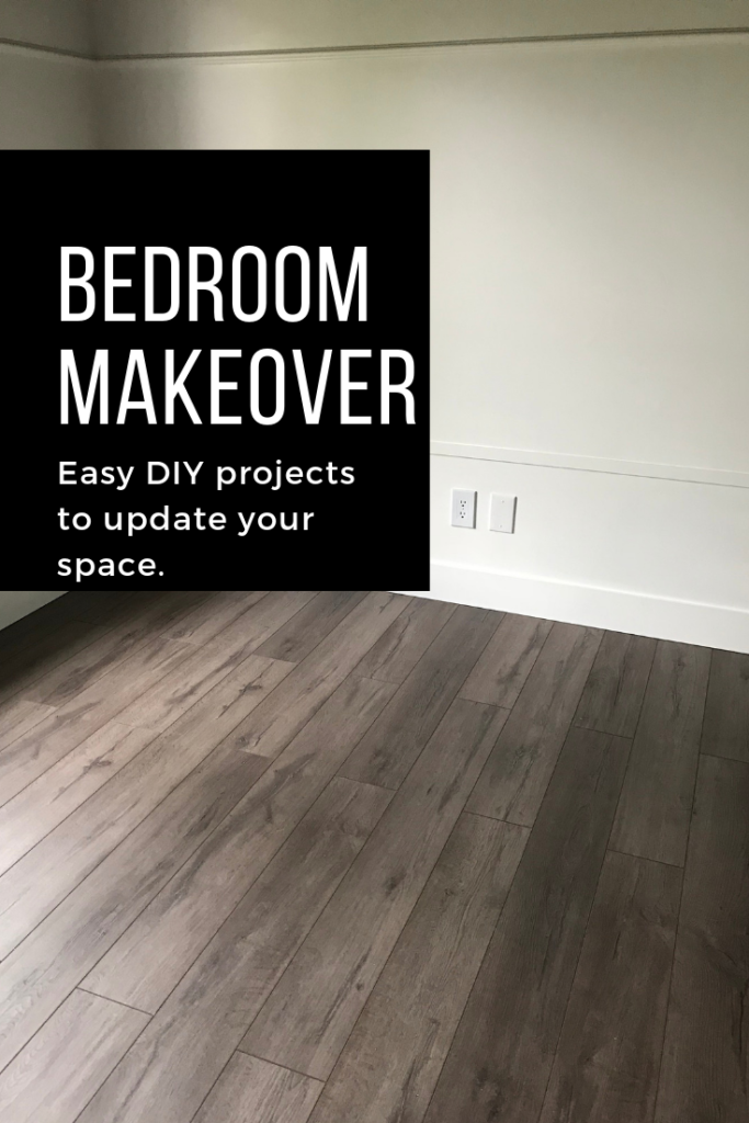 DIY small bedroom makeover with before/after photos showing how to remove wallpaper and popcorn ceilings and add new laminate flooring on a budget.