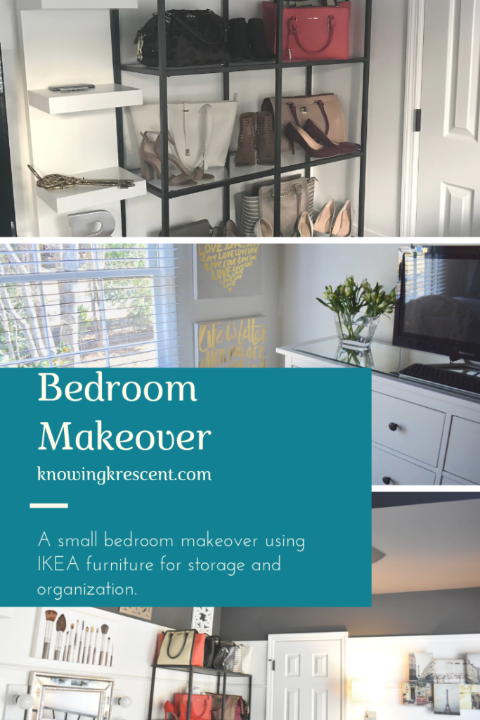 DIY bedroom makeover with a vanity and handbag organization ideas. | DIY bedroom makeover using IKEA pieces. IKEA hacked bedroom makeover.