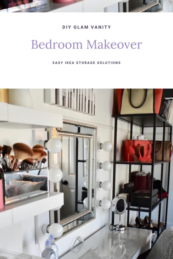 DIY bedroom makeover with a vanity and handbag organization ideas.